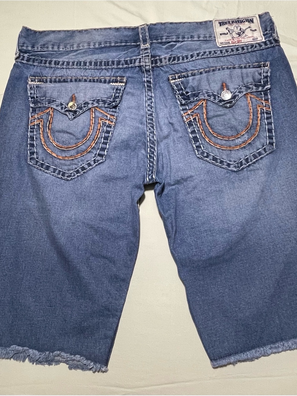 True Religion Cut Off Shorts Jorts Mens 42 Blue Denim Flap 14.5" inseam